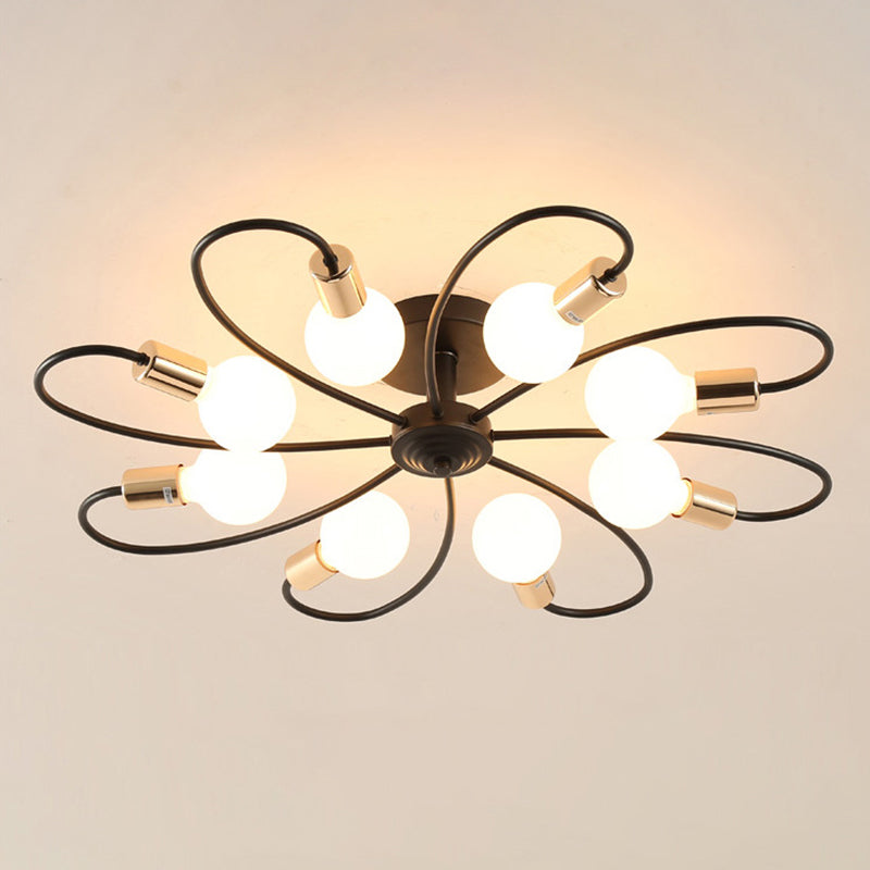 Metal Semi Flush Mount Light Vintage Black Exposed Bulb Living Room Semi Flush Light Fixture