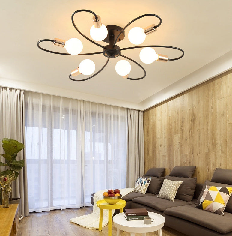 Metal Semi Flush Mount Light Vintage Black Exposed Bulb Living Room Semi Flush Light Fixture