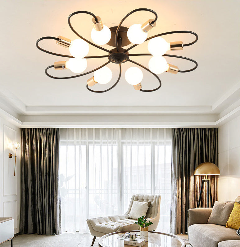 Metal Semi Flush Mount Light Vintage Black Exposed Bulb Living Room Semi Flush Light Fixture