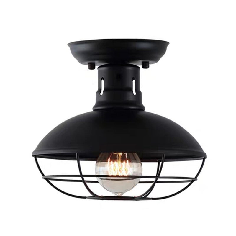 Wire Cage Ceiling Mounted Fixture Retro Style Black Metal Semi Flush Mount Light