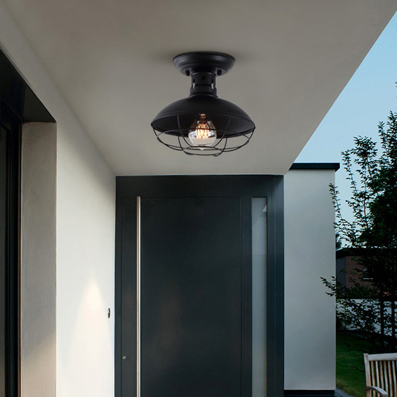 Wire Cage Ceiling Mounted Fixture Retro Style Black Metal Semi Flush Mount Light