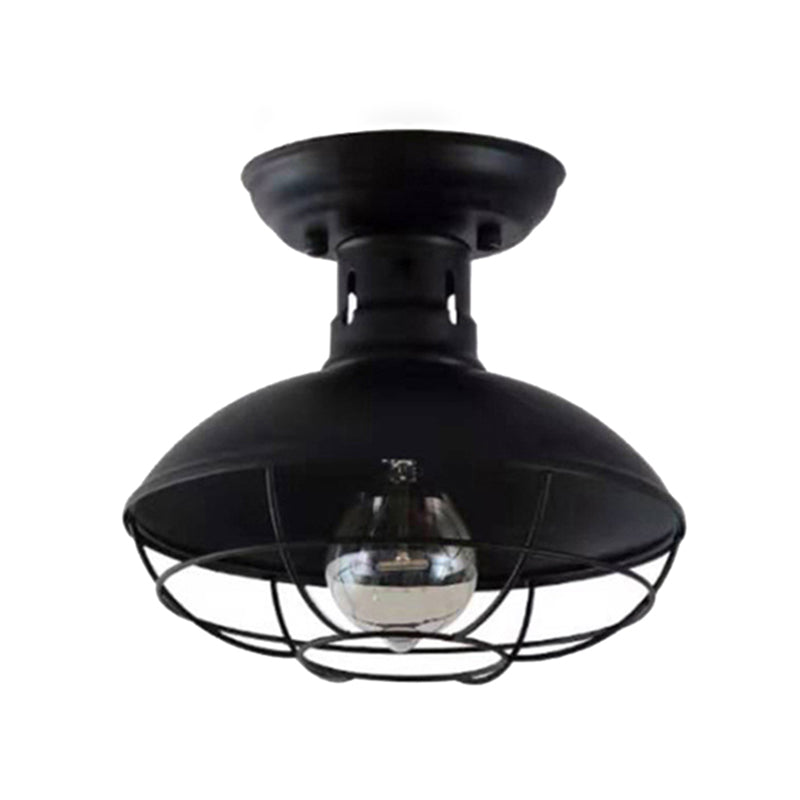 Wire Cage Ceiling Mounted Fixture Retro Style Black Metal Semi Flush Mount Light