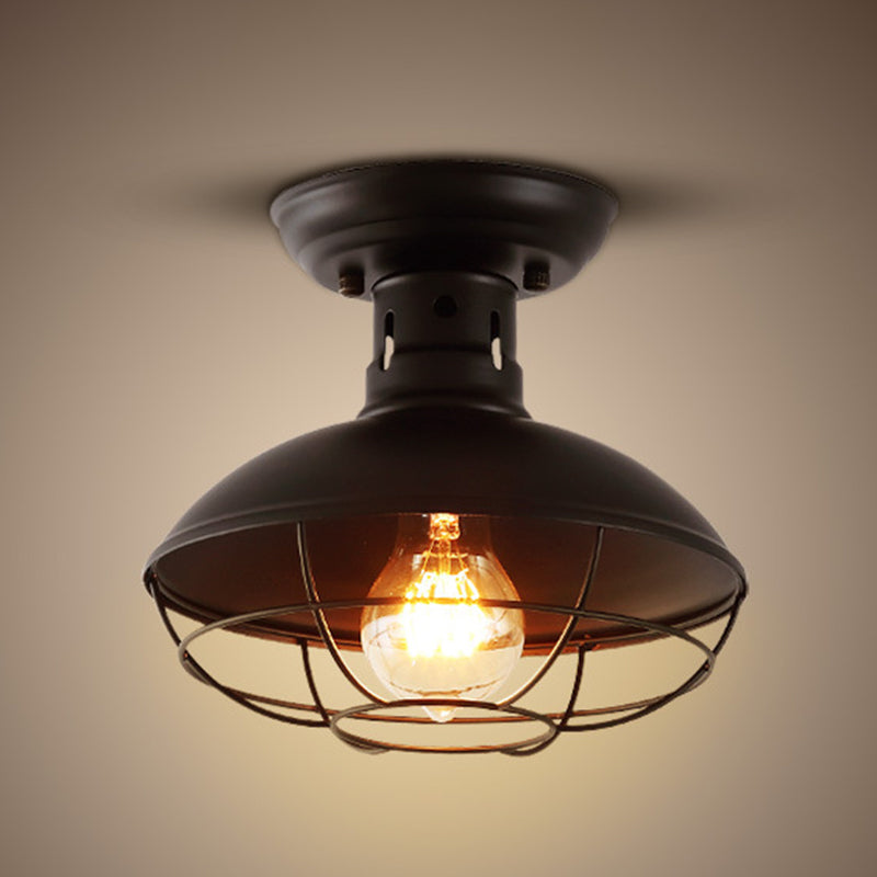 Wire Cage Ceiling Mounted Fixture Retro Style Black Metal Semi Flush Mount Light