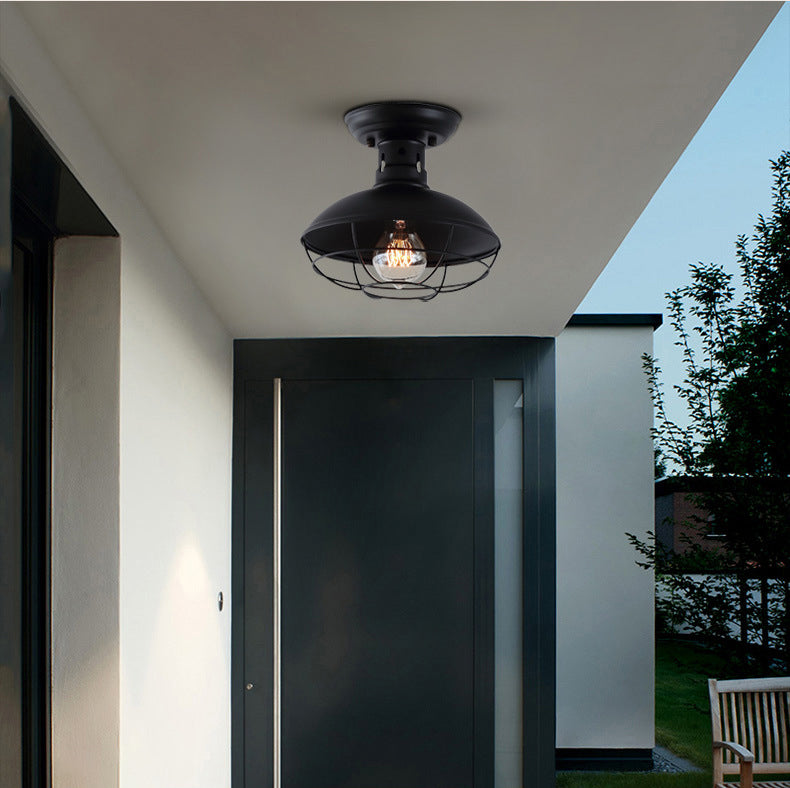 Wire Cage Ceiling Mounted Fixture Retro Style Black Metal Semi Flush Mount Light