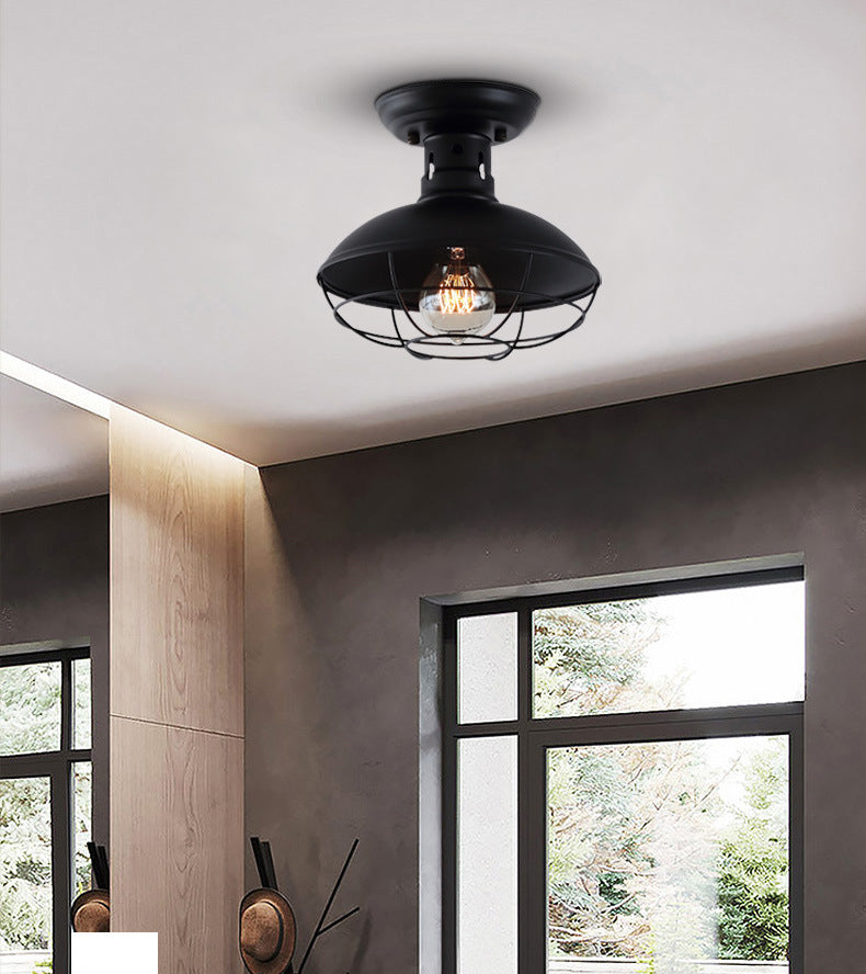 Wire Cage Ceiling Mounted Fixture Retro Style Black Metal Semi Flush Mount Light