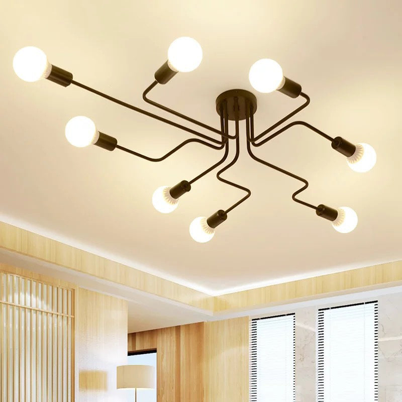Black Bare Bulb Ceiling Lighting Retro Iron Angled Tangle Semi Flush Mount Lighting for Living Room