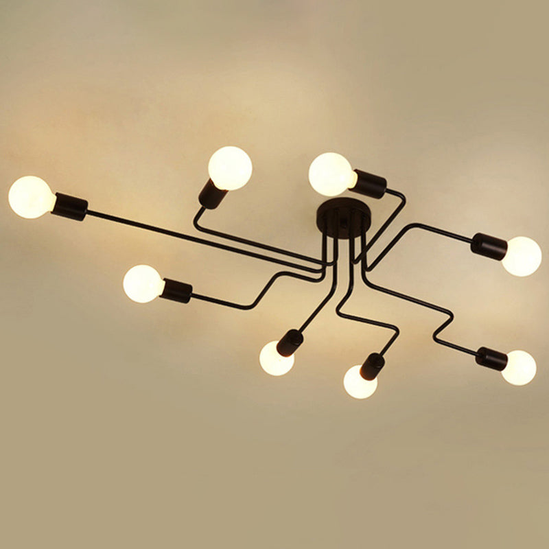 Black Bare Bulb Ceiling Lighting Retro Iron Angled Tangle Semi Flush Mount Lighting for Living Room