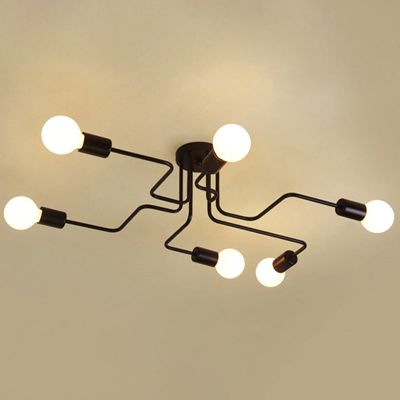 Black Bare Bulb Ceiling Lighting Retro Iron Angled Tangle Semi Flush Mount Lighting for Living Room