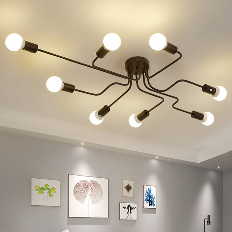 Black Bare Bulb Ceiling Lighting Retro Iron Angled Tangle Semi Flush Mount Lighting for Living Room