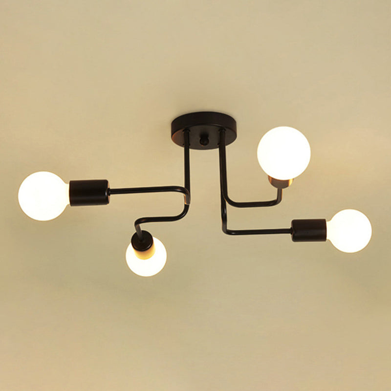 Black Bare Bulb Ceiling Lighting Retro Iron Angled Tangle Semi Flush Mount Lighting for Living Room