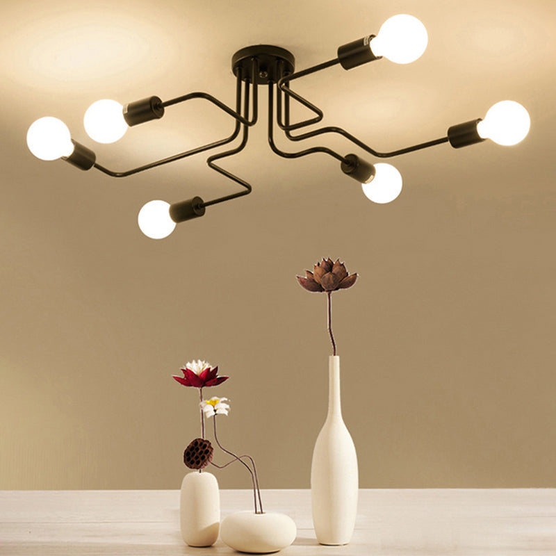 Black Bare Bulb Ceiling Lighting Retro Iron Angled Tangle Semi Flush Mount Lighting for Living Room