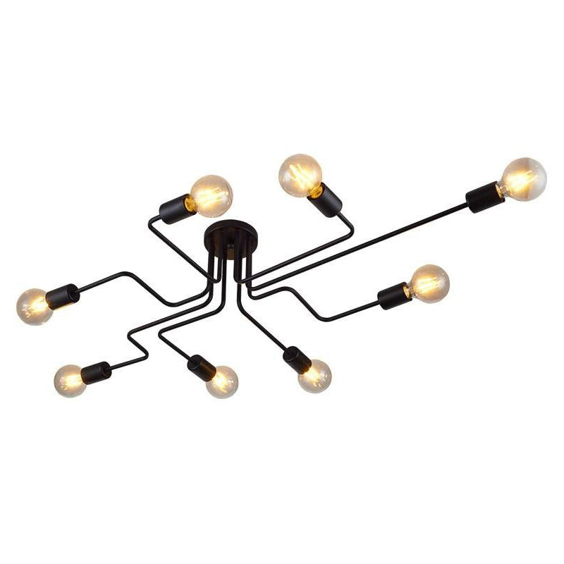 Black Bare Bulb Ceiling Lighting Retro Iron Angled Tangle Semi Flush Mount Lighting for Living Room