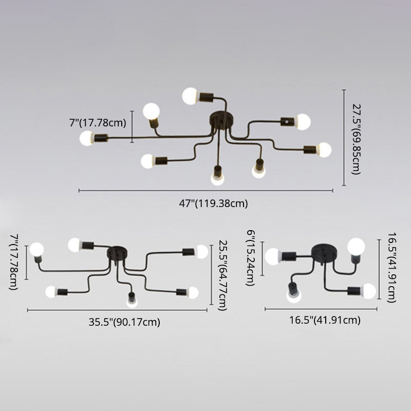 Black Bare Bulb Ceiling Lighting Retro Iron Angled Tangle Semi Flush Mount Lighting for Living Room