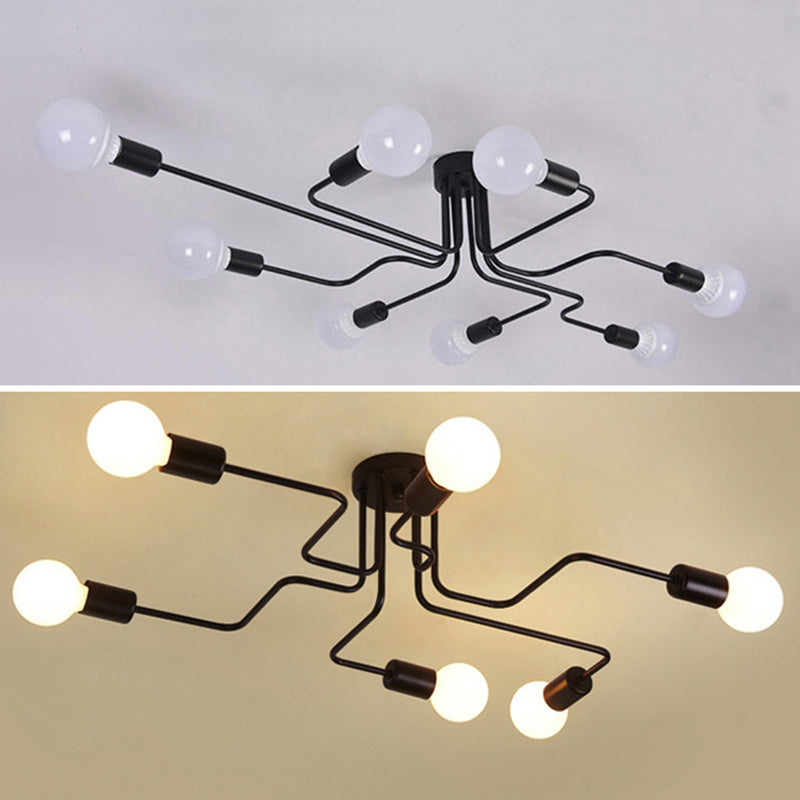 Black Bare Bulb Ceiling Lighting Retro Iron Angled Tangle Semi Flush Mount Lighting for Living Room