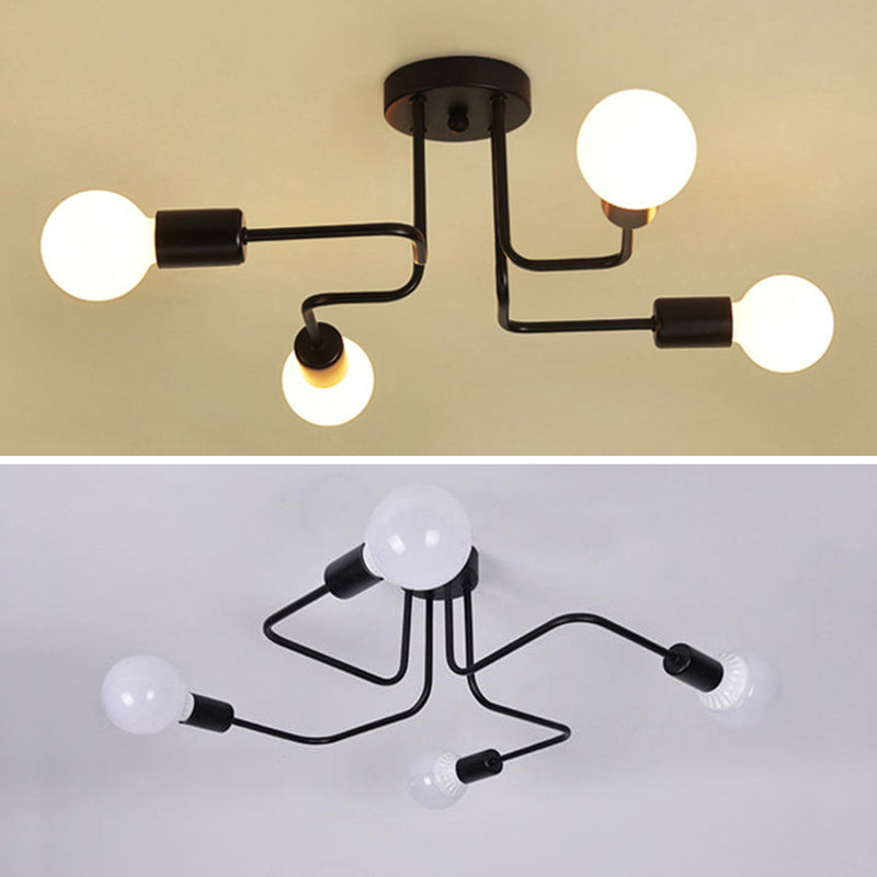 Black Bare Bulb Ceiling Lighting Retro Iron Angled Tangle Semi Flush Mount Lighting for Living Room