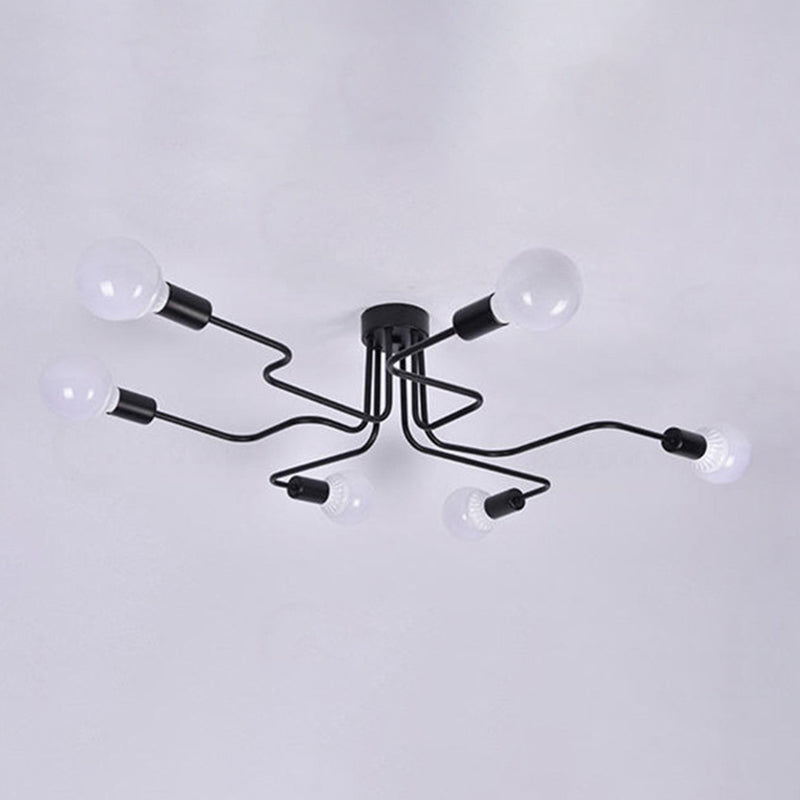 Black Bare Bulb Ceiling Lighting Retro Iron Angled Tangle Semi Flush Mount Lighting for Living Room