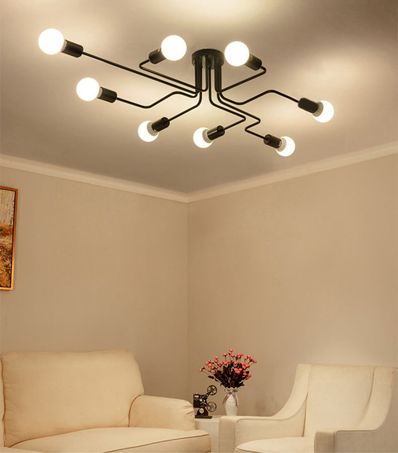 Black Bare Bulb Ceiling Lighting Retro Iron Angled Tangle Semi Flush Mount Lighting for Living Room