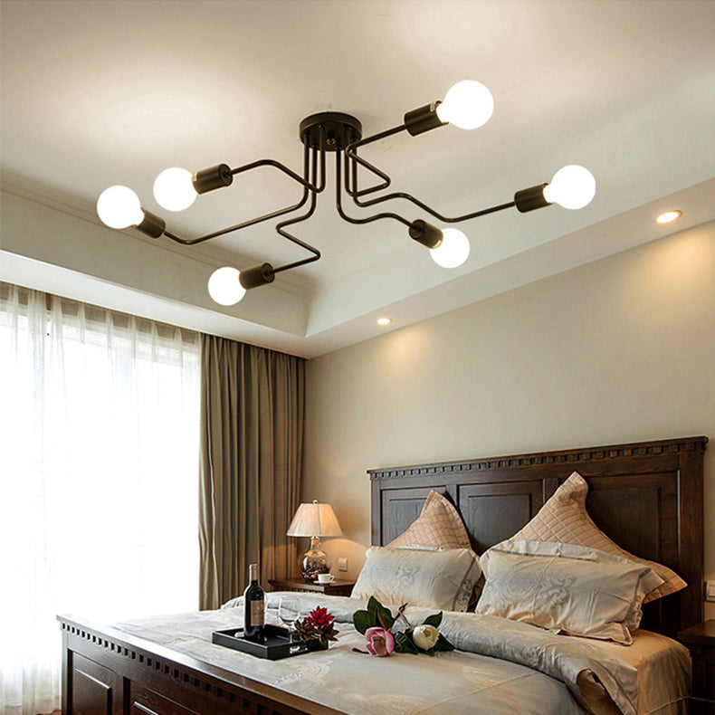 Black Bare Bulb Ceiling Lighting Retro Iron Angled Tangle Semi Flush Mount Lighting for Living Room