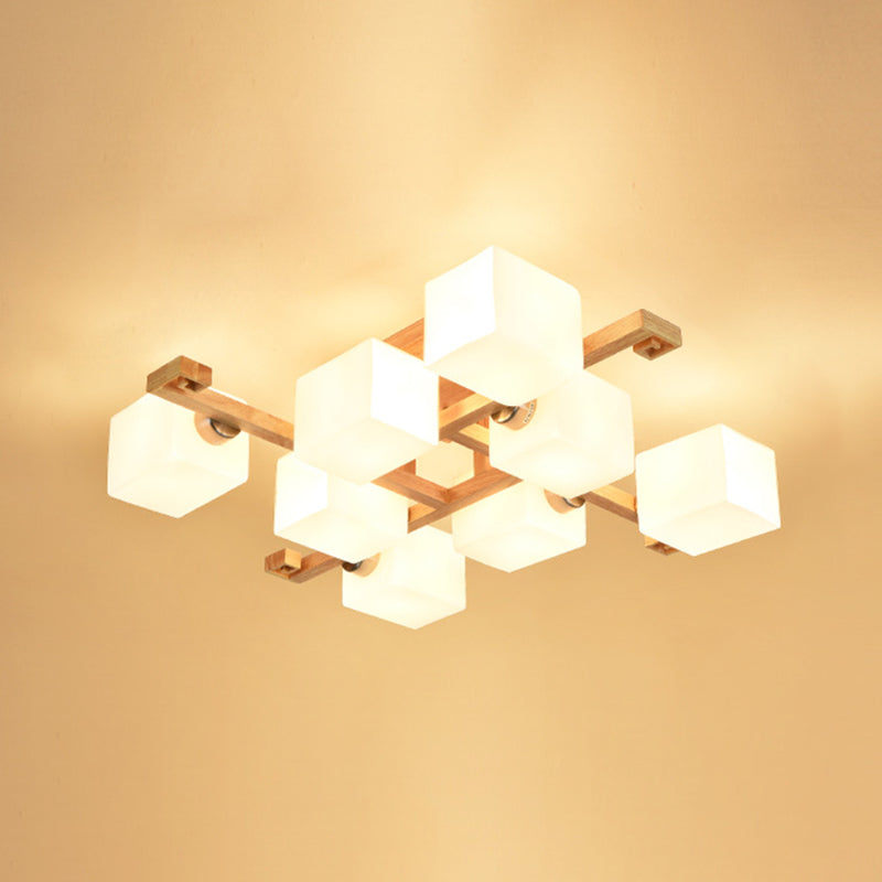 Modernes Naturholz halb Flush Mount Leuchte Rechteckglas Schatten Halbflush für Wohnzimmer