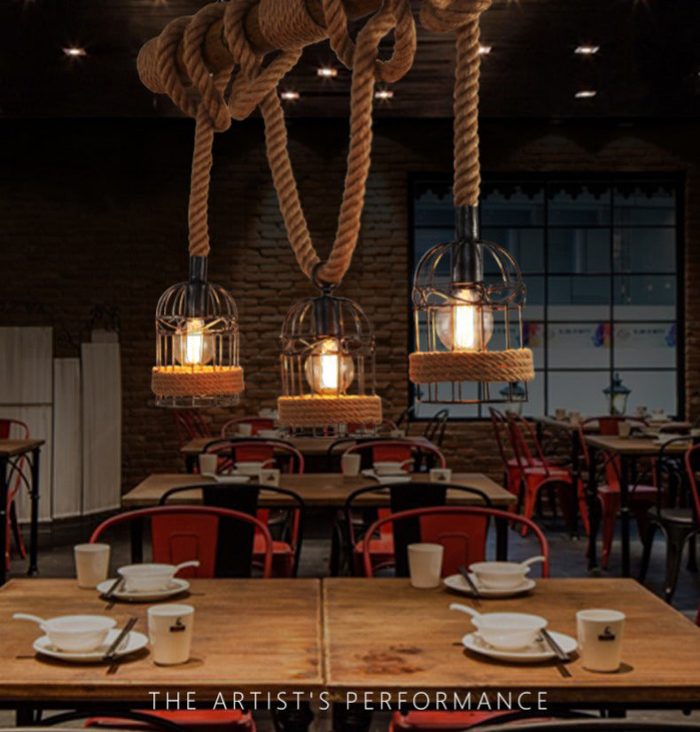 Rope Cage Shade Island Light Fixture Retro Style Restaurant Chandelier Light Fixture in Beige