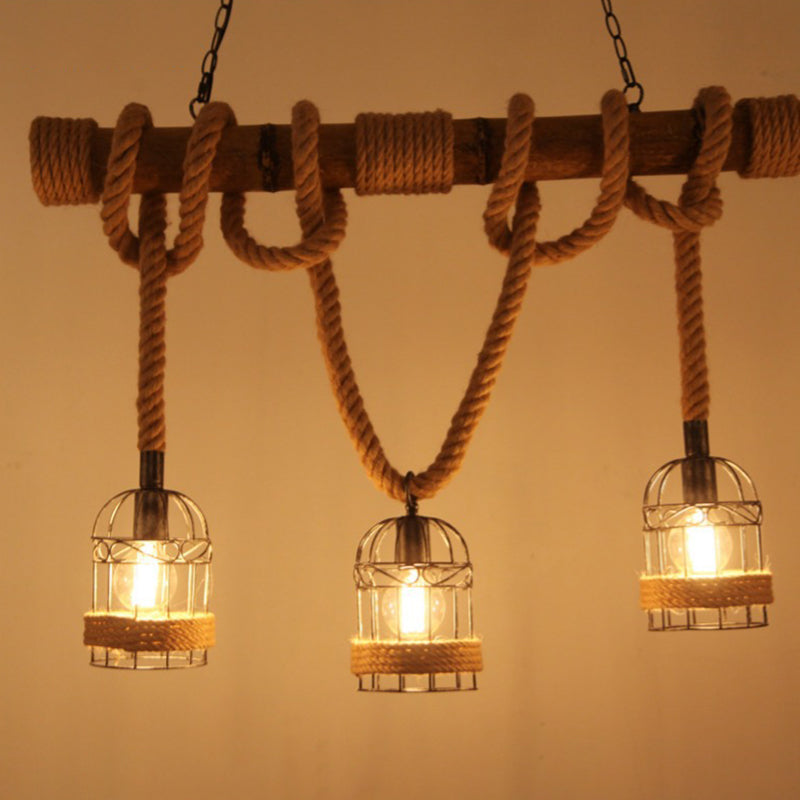 Rope Cage Shade Island Light Fixture Retro Style Restaurant Chandelier Light Fixture in Beige