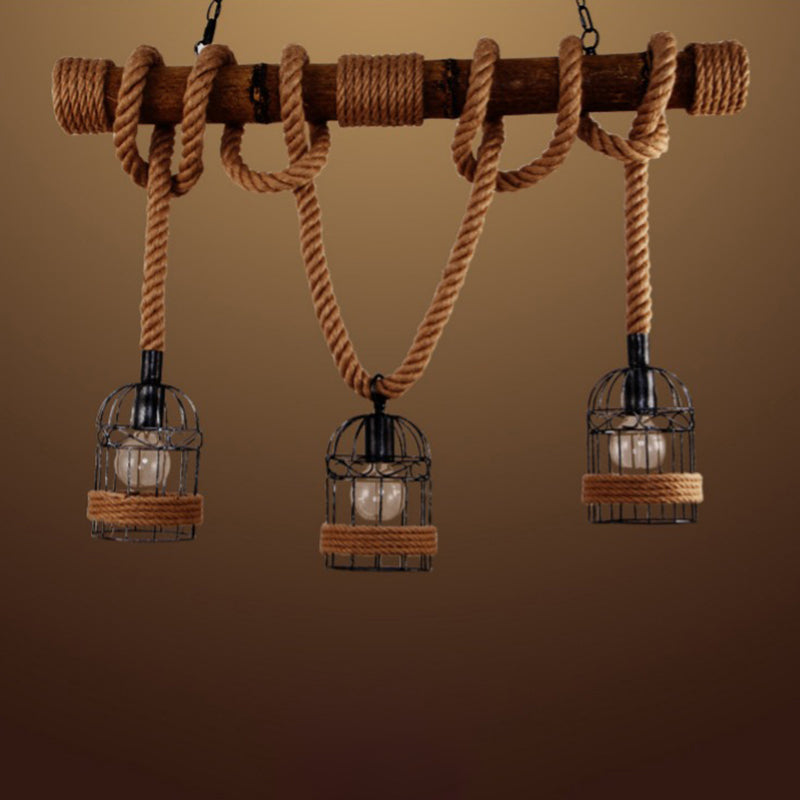 Rope Cage Shade Island Light Fixture Retro Style Restaurant Chandelier Light Fixture in Beige