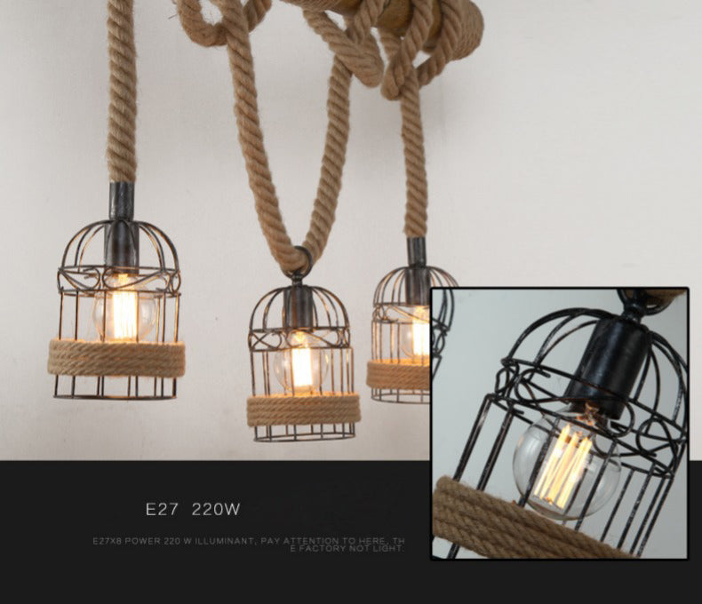 Rope Cage Shade Island Light Fixture Retro Style Restaurant Chandelier Light Fixture in Beige
