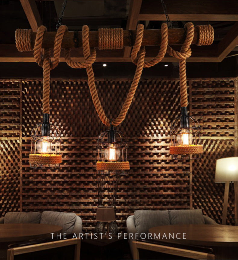 Rope Cage Shade Island Light Fixture Retro Style Restaurant Chandelier Light Fixture in Beige