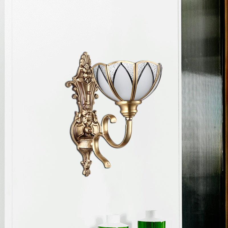 Bowl Hallway Wall Lamp Traditional Metal 1/2 Heads Brass Wall Mounted Light with White Glass Shade