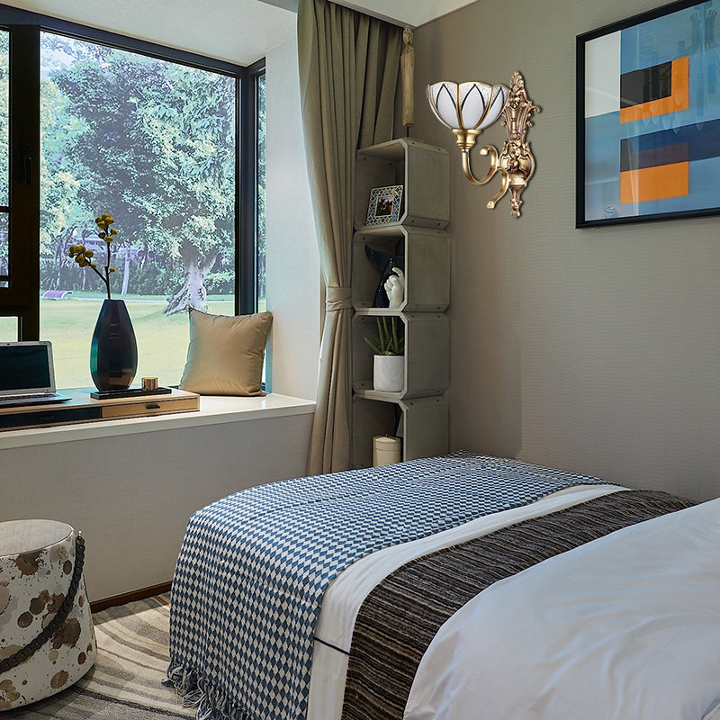 Bowl Hallway Wall Lamp Traditional Metal 1/2 Heads Brass Wall Mounted Light with White Glass Shade