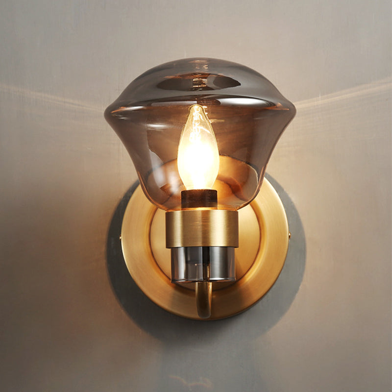 Bell Wall Sconce Retro Style Smoke Gray/Amber Glass 1 Bulb Brass Wall Mounted Light Fixture