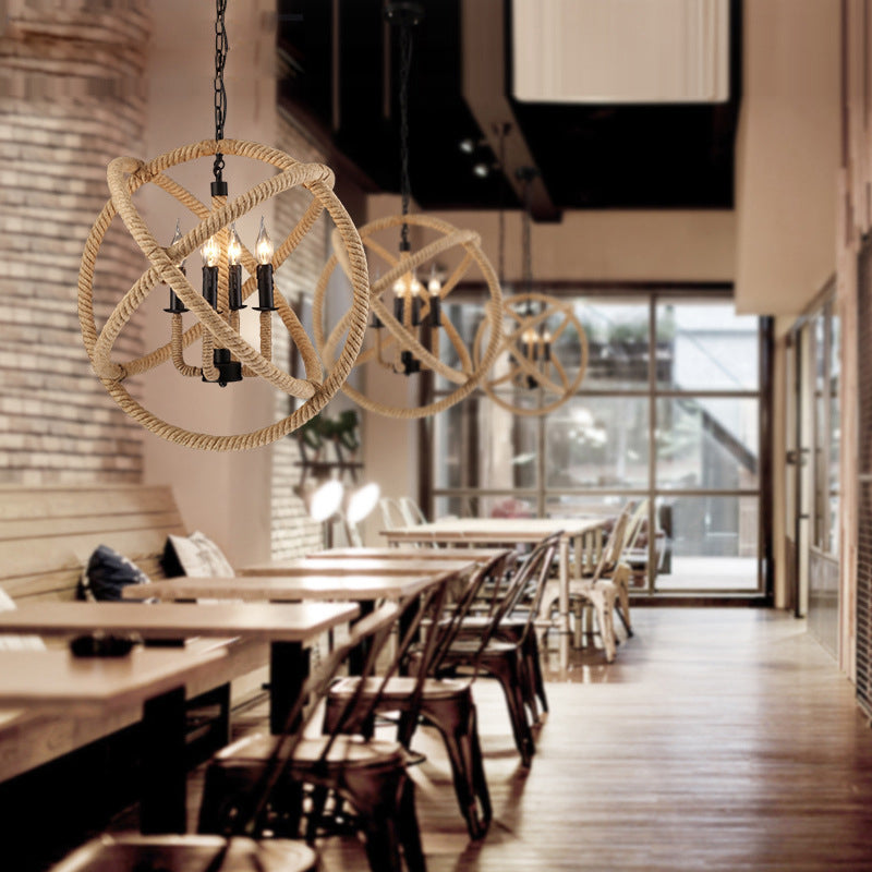 Black Rope Wrapped Hoops Chandelier Pendant Light Coastal Rope Restaurant Pendant Light Fixture