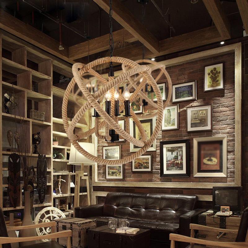 Black Rope Wrapped Hoops Chandelier Pendant Light Coastal Rope Restaurant Pendant Light Fixture