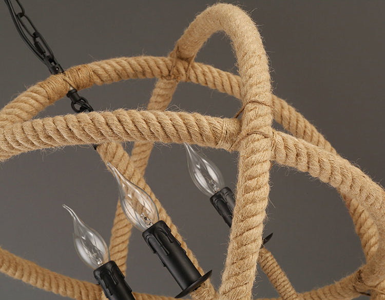 Black Rope Wrapped Hoops Chandelier Pendant Light Coastal Rope Restaurant Pendant Light Fixture