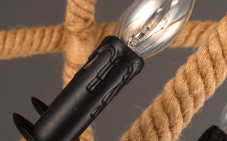 Black Rope Wrapped Hoops Chandelier Pendant Light Coastal Rope Restaurant Pendant Light Fixture