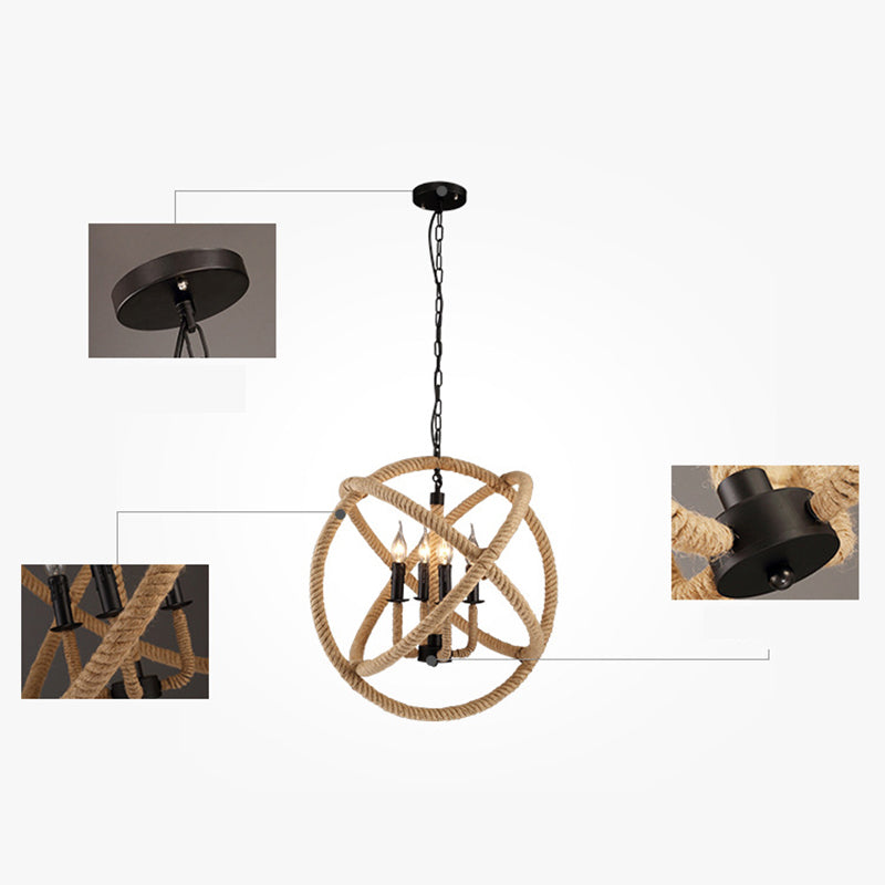 Black Rope Wrapped Hoops Chandelier Pendant Light Coastal Rope Restaurant Pendant Light Fixture