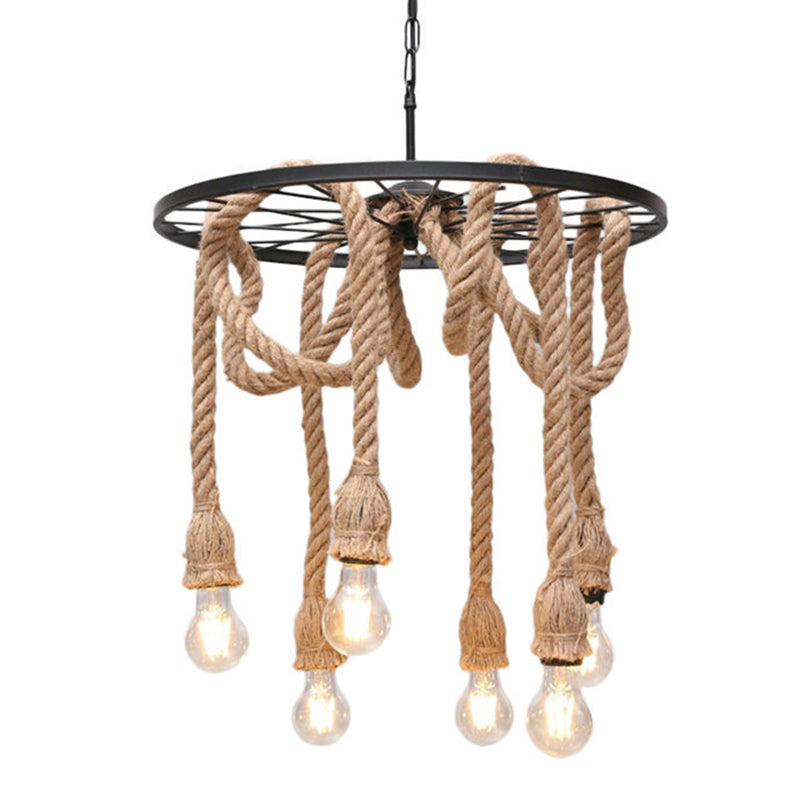 Lámpara de araña colgante negro de estilo retro de la rueda de la cuerda del lámpara de iluminación de la lámpara