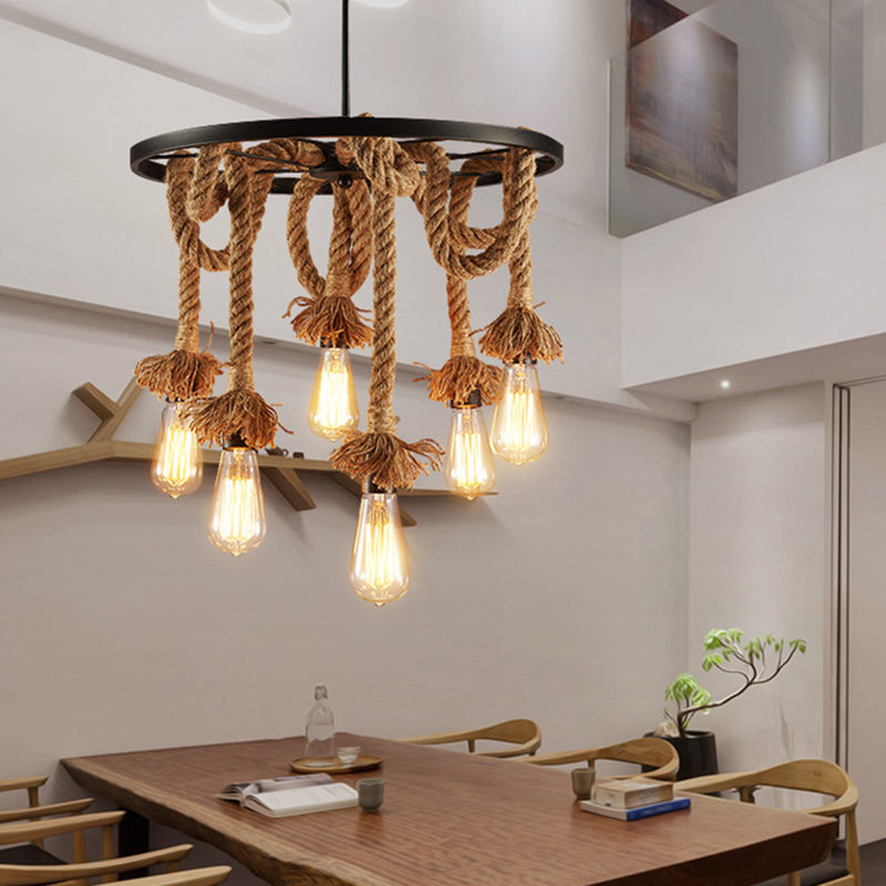 Lámpara de araña colgante negro de estilo retro de la rueda de la cuerda del lámpara de iluminación de la lámpara