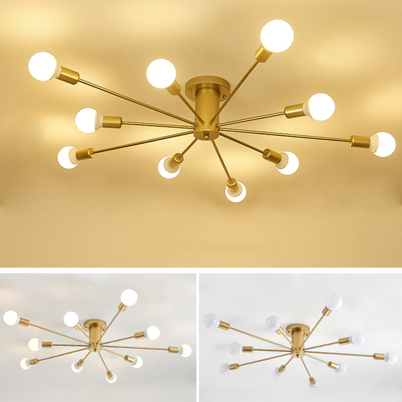 Gold freiliegende halbbündige Deckenleuchte aus Metall im Loft-Stil für Schlafzimmer, halbbündige Montage