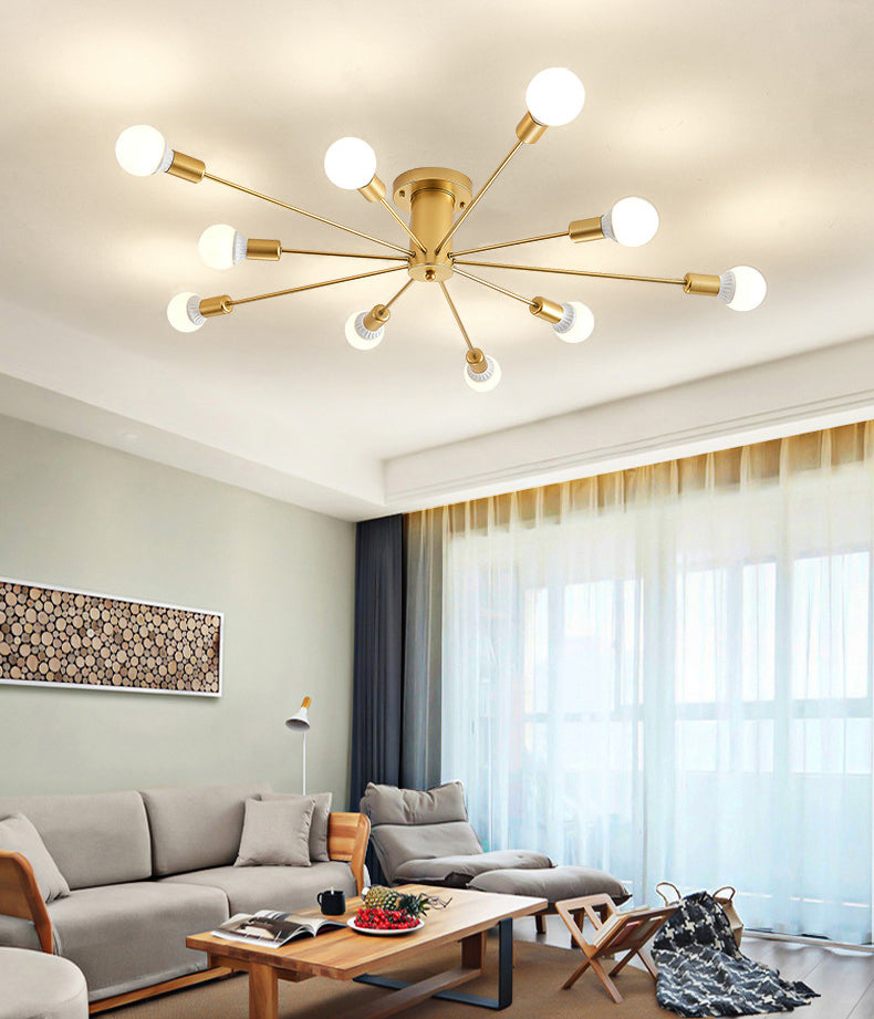 Gold freiliegende halbbündige Deckenleuchte aus Metall im Loft-Stil für Schlafzimmer, halbbündige Montage