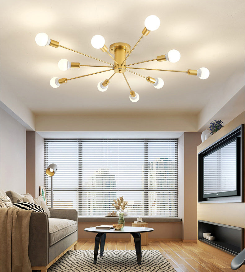 Gold freiliegende halbbündige Deckenleuchte aus Metall im Loft-Stil für Schlafzimmer, halbbündige Montage