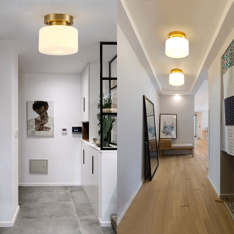 Lámpara de techo cilíndrica de cristal de estilo tradicional, placa de techo de latón, accesorio de iluminación mini para dormitorio de 1 luz