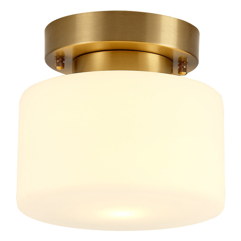 Lámpara de techo cilíndrica de cristal de estilo tradicional, placa de techo de latón, accesorio de iluminación mini para dormitorio de 1 luz