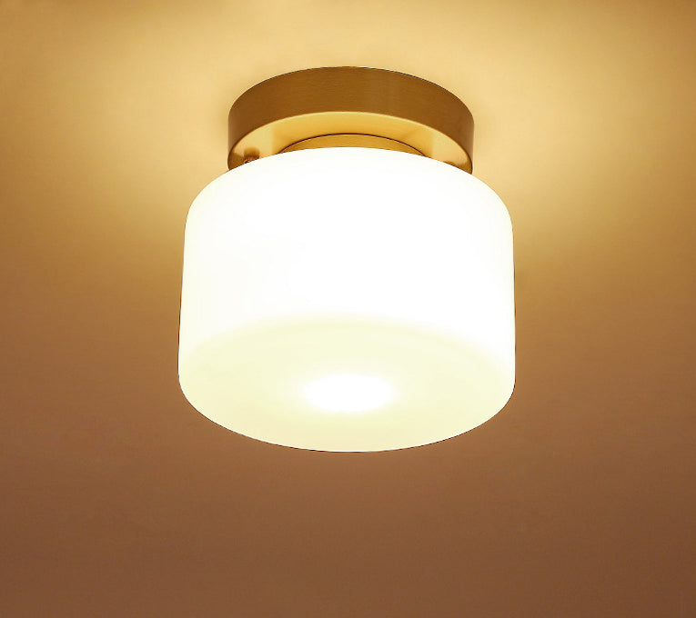 Lámpara de techo cilíndrica de cristal de estilo tradicional, placa de techo de latón, accesorio de iluminación mini para dormitorio de 1 luz