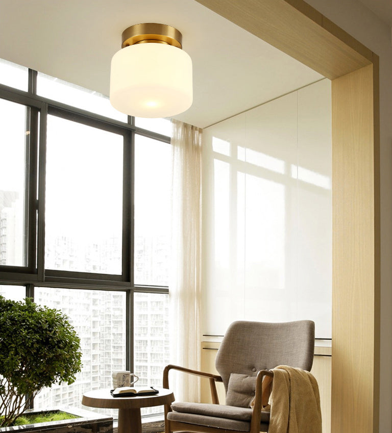 Lámpara de techo cilíndrica de cristal de estilo tradicional, placa de techo de latón, accesorio de iluminación mini para dormitorio de 1 luz