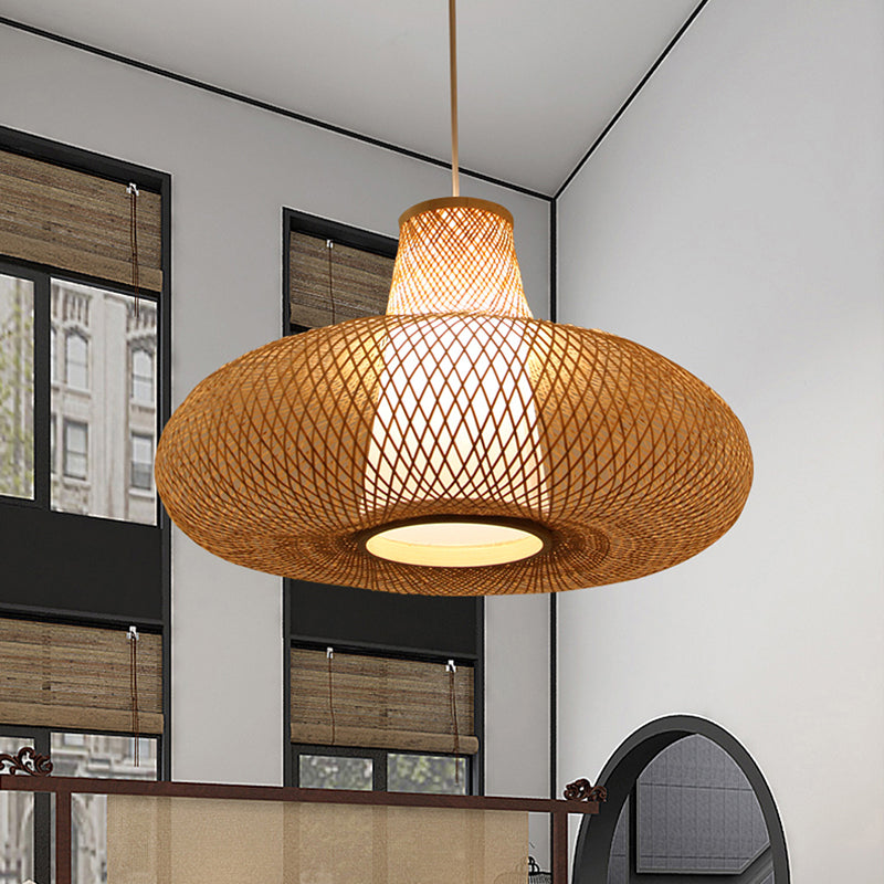 Weave Suspension Pendant Contemporary Bamboo 1 Bulb Wood Hanging Light Kit, 16"/19.5" Wide