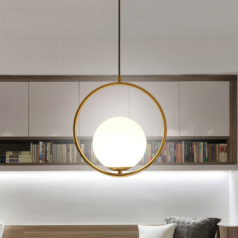 13.7 Inches Wide Golden Ring Hanging Lamp Globe Glass Shade Post-modern Style Hanging Light