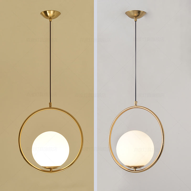 13.7 Inches Wide Golden Ring Hanging Lamp Globe Glass Shade Post-modern Style Hanging Light