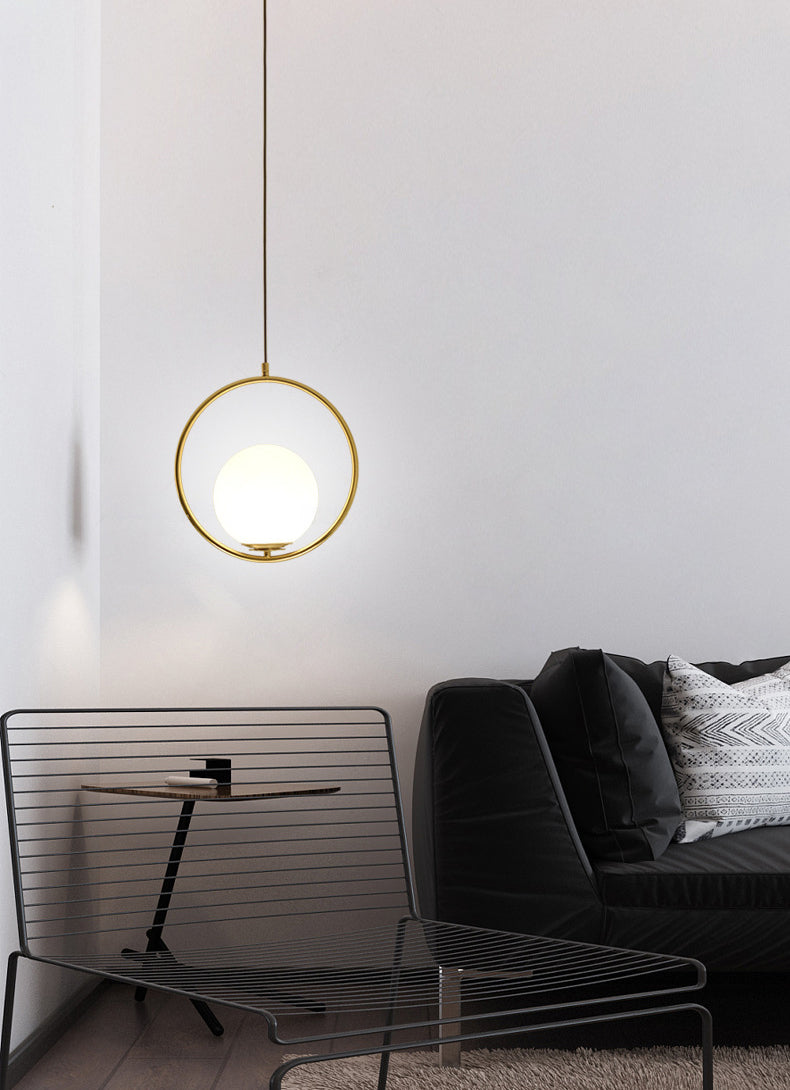 13.7 Inches Wide Golden Ring Hanging Lamp Globe Glass Shade Post-modern Style Hanging Light