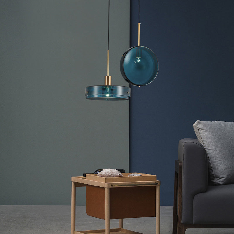 Dark Blue Cylindrical Glass Suspension Light Post-modern Style Minimalism Single Bulb Hanging Light